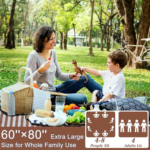 Striped Picnic Blanket Waterproof & Sand Proof, 5-Layer Beach Blanket Portable with Carry Strap, Extra Large Foldable Picn...
