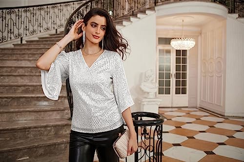 GRACE KARIN Womens Sparkly Sequin Tops,3/4 Sleeve Glitter Party Dressy Blouse,V-Neck Disco Evening Club Concert Shirt