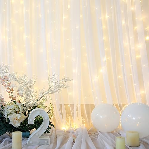 White Tulle Backdrop Curtain with Lights String for Parites 10×8ft Sheer Backdrop Curtains White Curtain Backdrop for Wedd...