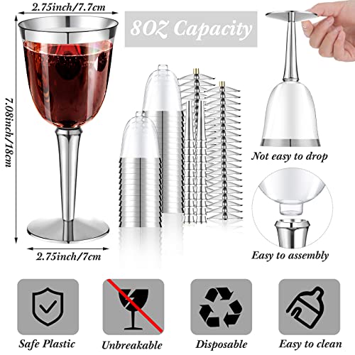 Yoande 100 Pack Rimmed Disposable Plastic Wine Glasses Bulk 8 Oz Elegant Fancy Wine Cups Stemmed Wine Glasses Clear Cockta...