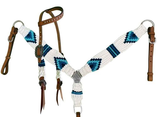 Showman Pony White & Blue Corded Single Ear Headstall & Breast Collar Set