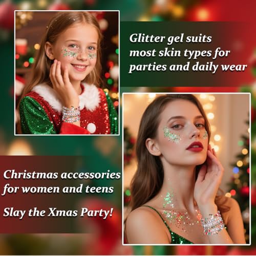 Mysense Christmas Glitter Stick for Face Hair Body and 6 Pack Joy & Merry Christmas Bracelets Set,Christmas Accessories fo...