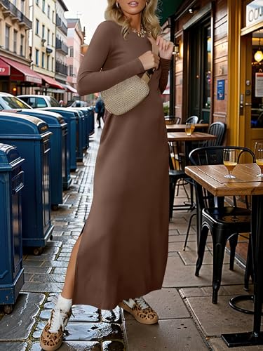 ANRABESS Women Long Sleeve Dresses 2025 Fall Casual Crewneck Loose Fit Split Flowy Wrinkle-Free Travel Vacation Maxi Dress