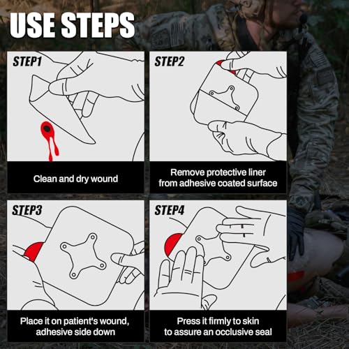 RHINO RESCUE Vented Chest Seal, 4 Vents, Sterile Emergency Trauma Dressing, Occlusive Adhesive Pad, IFAK Trauma Refill Med...