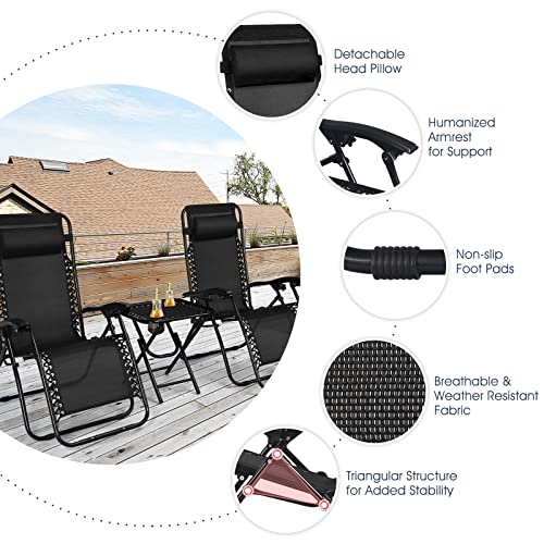 Goplus Zero Gravity Chair Set, 3 Pieces Outdoor Lounge Chair Recliners w/Side Table, Headrest and Cup Holders, Adjustable ...