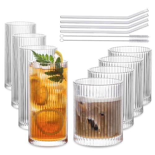 INSETLAN Set of 8 Vintage Glassware - 4 Highball Glasses 12 oz, 4 Rocks Glass Cups 14 oz, Ribbed Glassware Cocktail Glasse...
