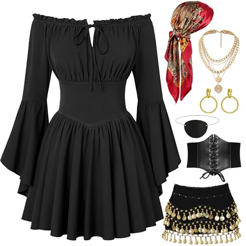 INFLATJOY Pirate Costume Women with Off Shoulder Dress Gold Sequin Belt Accessories Halloween Set Costume