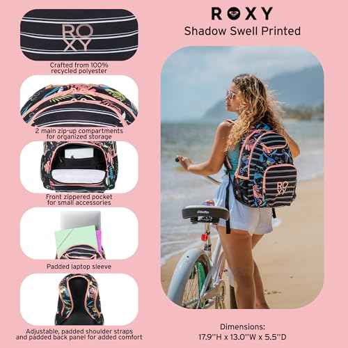 Roxy Women Shadow Swell Backpack | Travel | Everyday Carry | Work | Gym | 21L | Recycled Polyester, White Viva La Vida, One Size