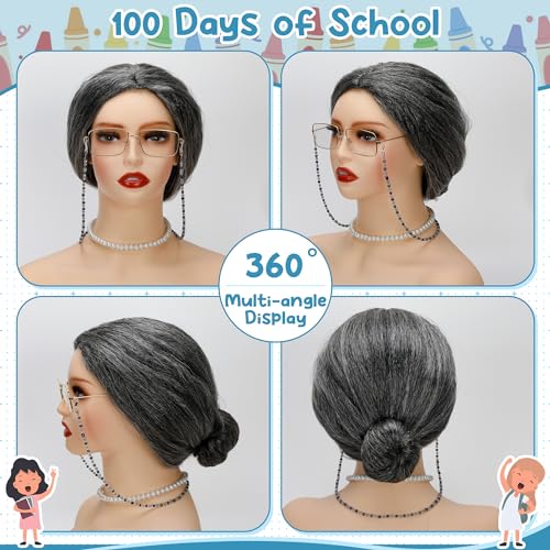 Huskein Old Lady Costume for Women, 100 Days of School Costume for Girls, Granny Bun Wig Glasses Wig Cap Pearl Necklace Br...