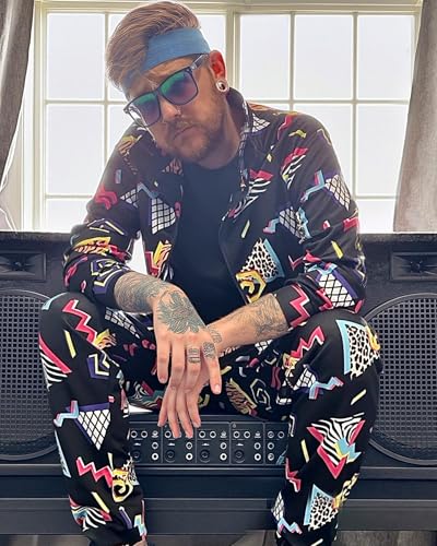 UOUA 80s Outfit Men 90s Tracksuit Costumes Halloween 70s Windbreaker Jacket Track Suit 2 Piece Hip Hop Set
