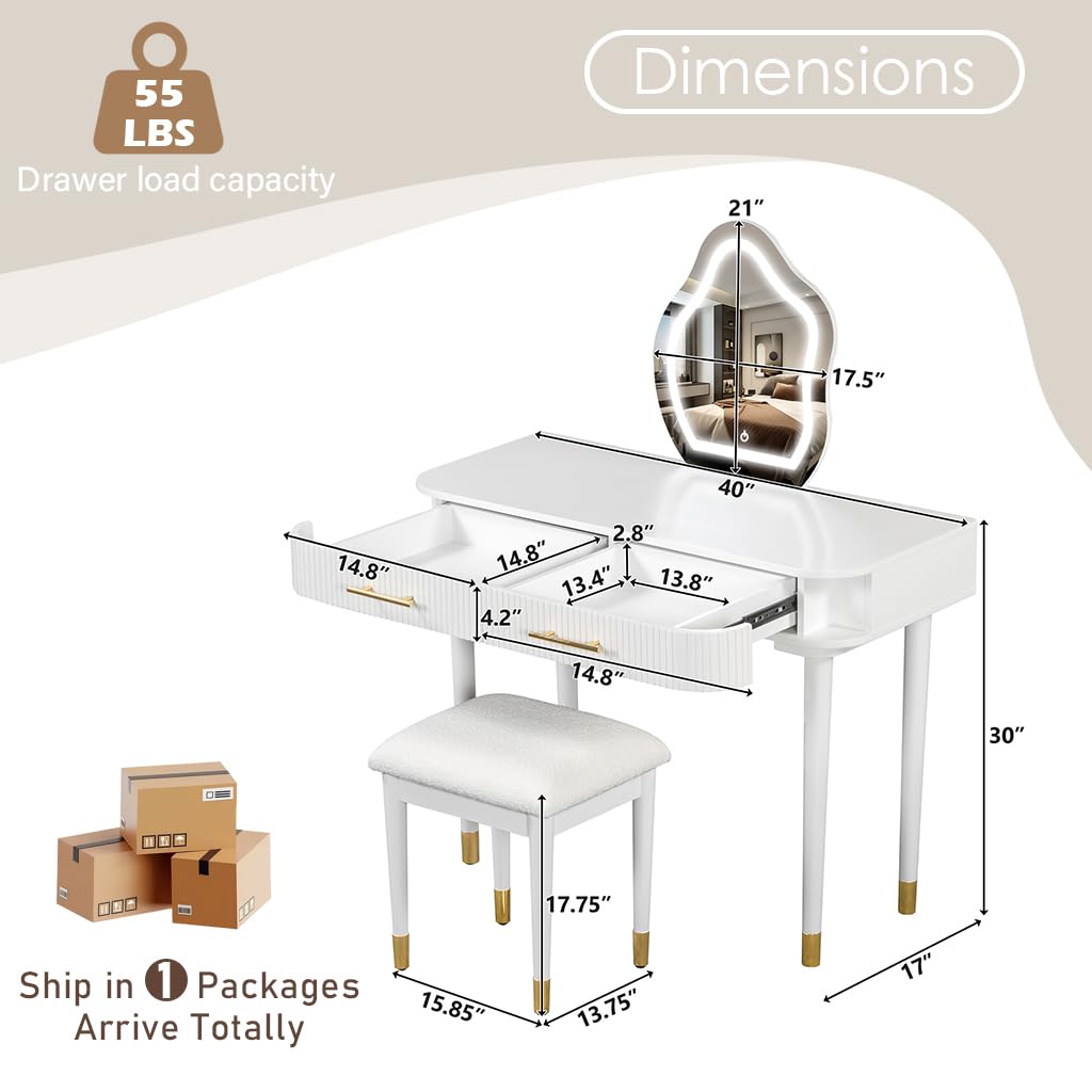 Goldshire 40" Modern Vanity Table Set with Mirror and Lights, Dressing Table and Cushioned Stool Set with 2 Large Drawers, Modern Makeup Table for Bedroom,Makeup Room