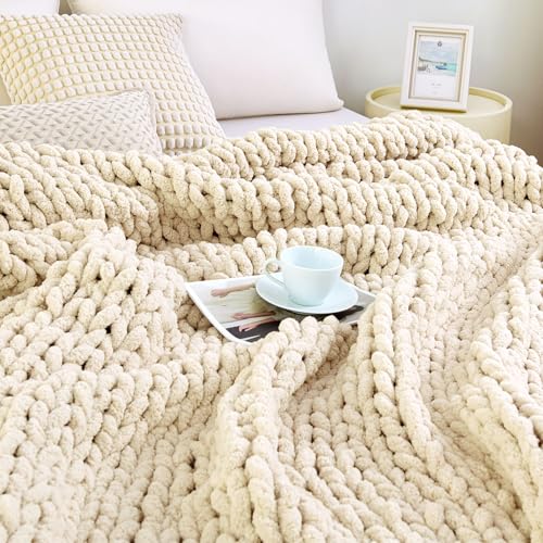 Admitrack Chunky Knit Blanket Throw 51"x63", 100% Hand Knit Chenille Throw Blanket for Sofa & Home Decor, Soft and Cozy Kn...