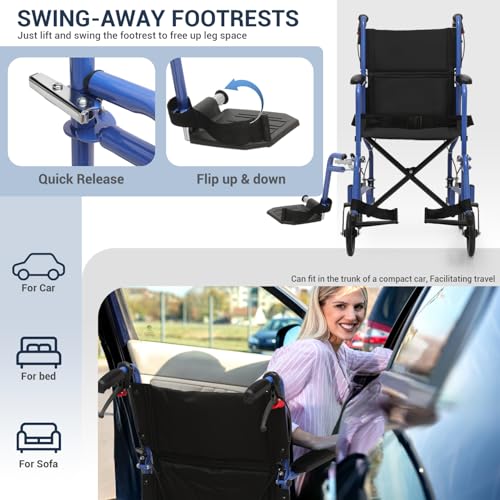 monicare Lightweight Wheelchair 16 inch Seat Ultralight Transport Chair with Locking Hand Brakes and Swing-Away Foot Rests...