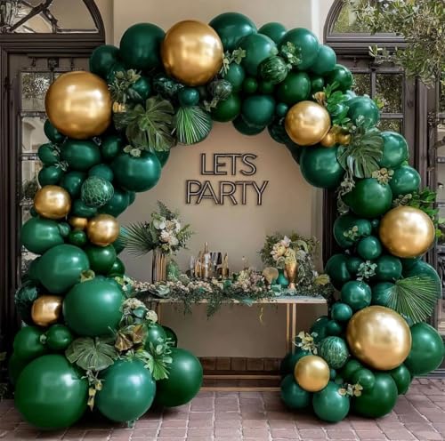 Emerald Green Gold Balloons Garland Double Stuffed Dark Green Gold Balloons Hunter Forest Metallic Arch Kit for Birthday B...