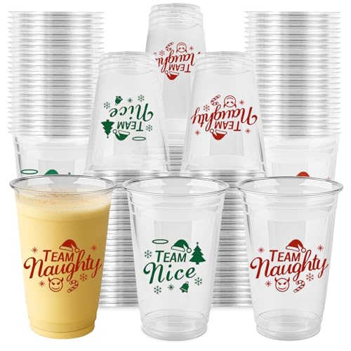 60 Pack Christmas Disposable Cups – 16oz Plastic Party Cups with Naughty or Nice Design Red Holiday Solo Cups, Perfect for...