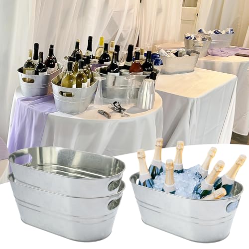 Biugaaufai 3 PCS 15.3 x 9 x 6 inches Silver Metal Galvanized Tub with Handles, 3 Gallon Galvanized Beverage Tubs for Parti...