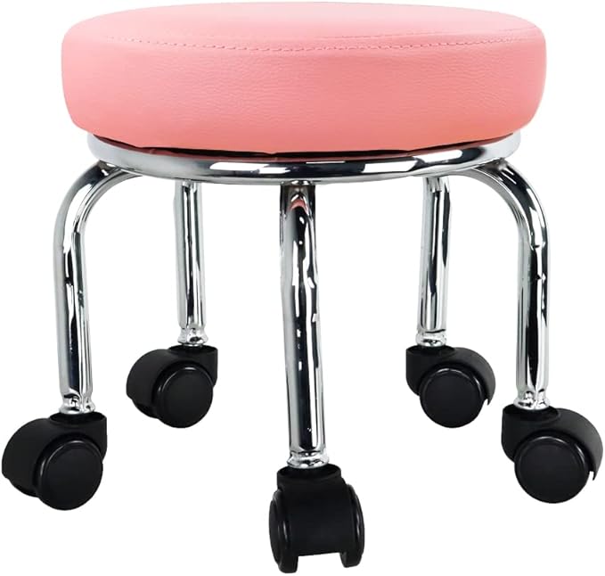 WKWKER Modern Roller Seat PU Leather Low Round Rolling Stool 360° Swivel Small Office Ottoman with Universal Wheels Foot Stool for Home Office Garage Shop Fitness Sport H：12.4" （Pink）
