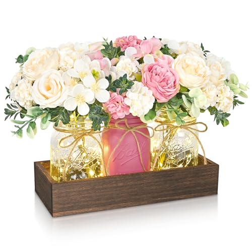 BLEUM CADE Centerpiece Table Decorations - 3Pcs Roses Artificial Flowers in Mason Jars with Wood Tray for Dining Table Cof...