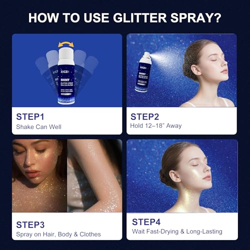 XICZH Body Glitter Spray, Glitter Spray for Hair Clothes and Body, Holographic Silver Glitter Hairspray for Grils – Festiv...