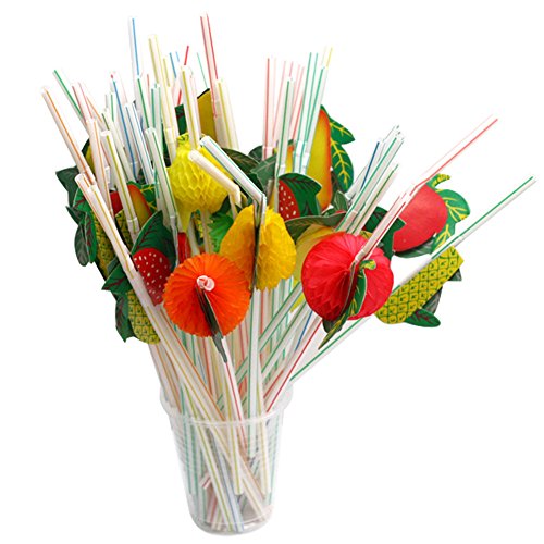 100 Pcs Disposable Flexible Bendable Fruit Straws Table Decor Tropical Drinks - Soft Drinks Hawaiian Cocktail Bars Restaur...