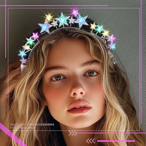 Aceorna Light Up Stars Halo Crowns LED Rhinestones Halo Headbands Glowing Pearl Star Hairbands Glitter Rave Hair Accessori...
