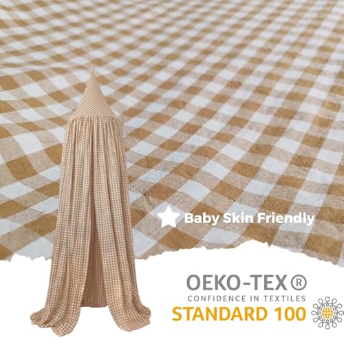 Wonder Space Kids Bed Canopy - Neutral Beige Gingham Checkered Design for Nurseries | Soft Cotton Decorative Tent for Baby...