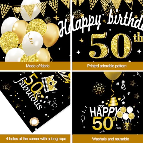 Large 50th Birthday Decorations, Big 50 Birthday Banner for Women Men, Black Gold Funny Fifty Years Bday Photo Booth Props...