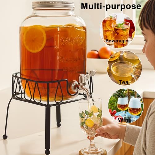2 Gallon Glass Drink Dispenser with Stand, Ice Cylinder,Stainless Steel Leakproof Spigot and Lid,Glass Beverage Dispenser ...