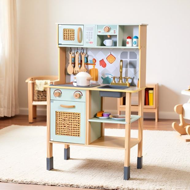 Garsing Play Kitchen for Kids Toddlers with Sounds, Wooden Kids Kitchen Playset with Realistic Features, Modern Toy Kitchen Sets with Storage and Accessories for Boys Girls, Age 3+, Green
