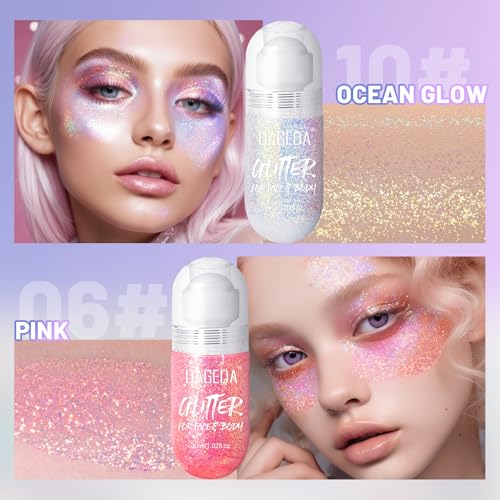 DAGEDA 2Colors Roll-on Body Glitter Gel for Body, Hair, Face, Holographic Glitter Makeup for Rave Accessories, Body Shimme...