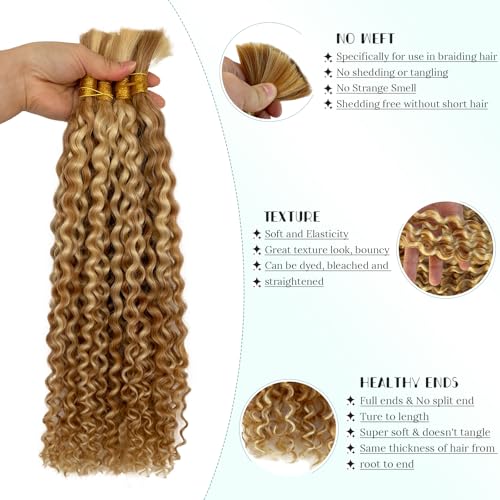 Blonde Braiding Hair 100g 28 Inch Water Wave 2 Bundle Bulk Human Hair for Braiding Highlight Honey Blonde Curly Hair Extensions for Boho Braids Wet and Wavy Human Braiding Hair