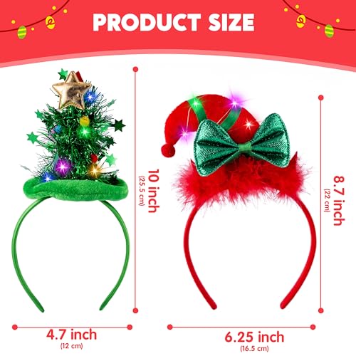 JOYIN 2 PCS Christmas LED Headband, Tree and Elf Hat Designs Headband with LED Lights for Christmas Party Decoration