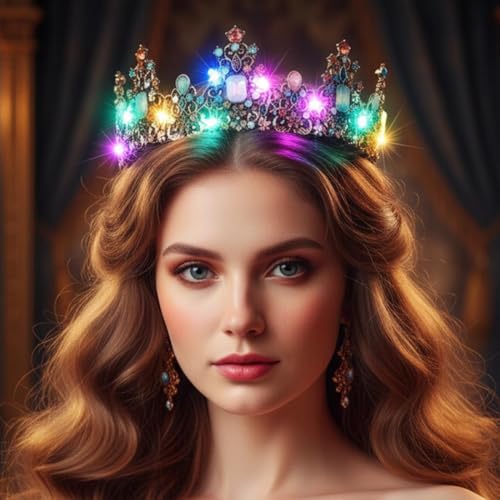 Yean LED Baroque Rhinestone Crowns and Tiaras Ligth Up Gold Bridal Queen Crown Crystal Wedding Party Tiara Headband for Women