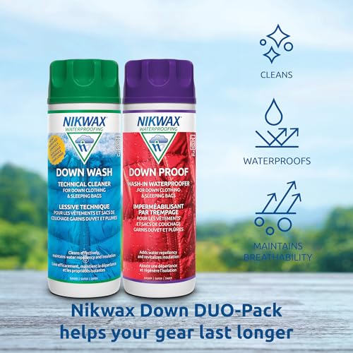 Nikwax Down, Down DUO-Pack, 300ml, Wash-In Cleaning and Waterproofing adds DWR Water Repellency to Down Filled Jackets, Ou...