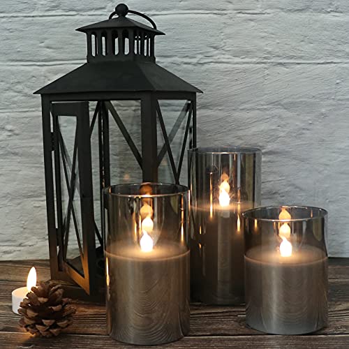 GenSwin Gray Glass Battery Operated Flameless Led Candles with 10-Key Remote and Timer, Real Wax Candles Warm White Flicke...