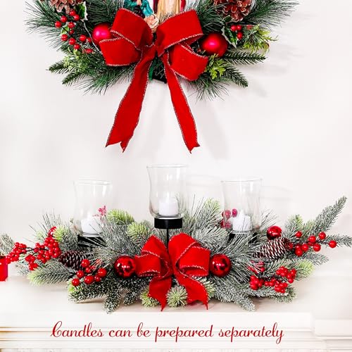 Red Christmas Table Centerpiece,Christmas Decoration Cedar with 3 Candlestick Glass Cup, Red Berry, Balls for Holiday Part...