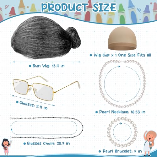 Huskein Old Lady Costume for Women, 100 Days of School Costume for Girls, Granny Bun Wig Glasses Wig Cap Pearl Necklace Br...