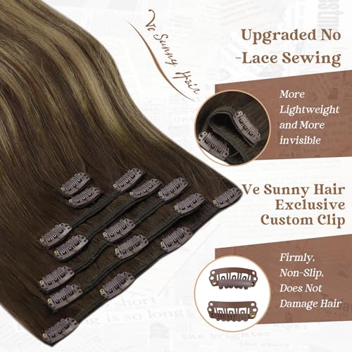 Ve Sunny Clip in Human Hair Extensions Dark Brown Balayage Caramel Blonde Human Hair Clip in Extensions 14inch Short Hair Extensions Real Human Hair Clip ins 100g 7Pcs