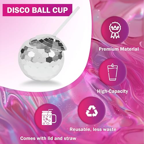 FLUFFORT 9 Pcs Disco Ball Cups with Lid and Straw – Silver Spherical Cocktail Tumblers, Reusable Disco Wine Glasses for Ba...