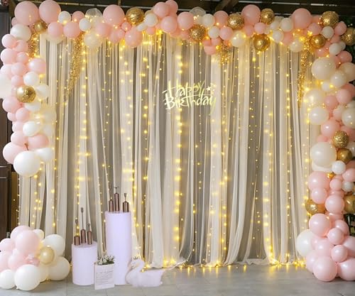 10ft x 10ft Champagne Tulle Backdrop Curtain with Lights String for Parties Wedding Bridal Shower Sheer Champagne Curtain ...