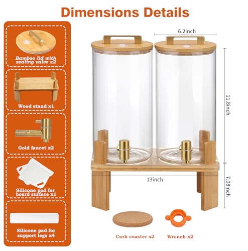 1.5 Gallon 2 PACK Glass Drink dispenser, Beverage Dispenser With Wood Stand, Lemonade Dispenser with Airtight Valve and St...