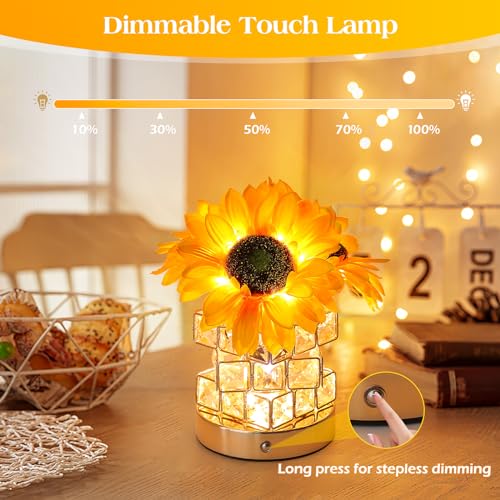 AMWGIMI Sunflowers Flower Lamp,Rechargeable Cordless Touch Table Lamp,3-Colour Infinitely Dimming Small Night Light,Festiv...