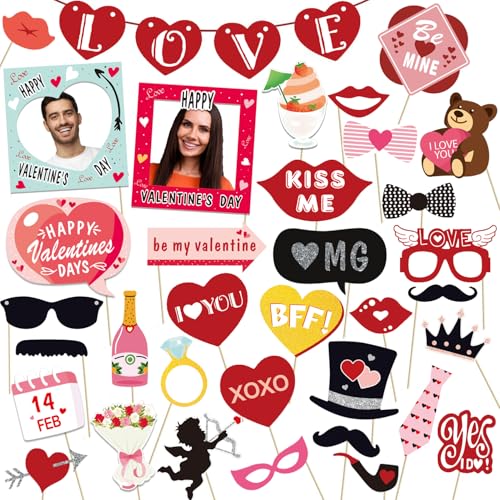 38pcs Valentines Day Party Photo Booth Props, Selfie Frame with Valentines Day Party Photo Props Backdrop Decorations Supp...