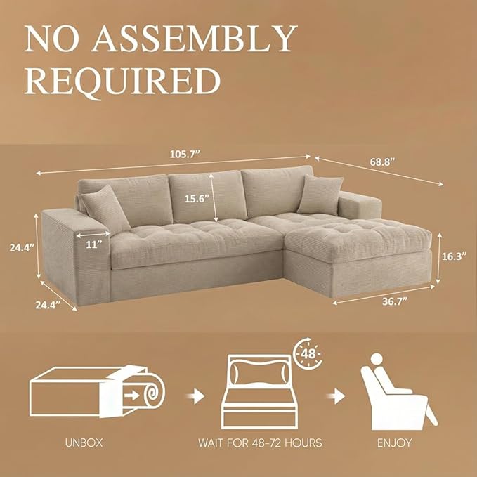 NAYA 106” Modular Sectional Sofa, Cloud Sectional Couch with Deep Seat, Modern Modular L-Shape Sofa Boneless Couch with Chaise for Living Room Bedroom (Beige, Cloudy Sofa with Right Facing Chaise)