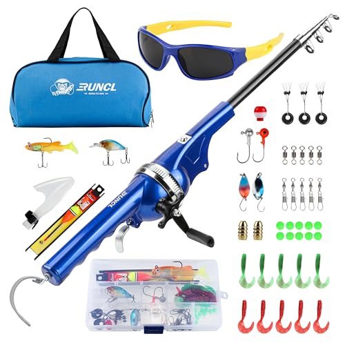 RUNCL Kids Fishing Pole - Portable Folding Fishing Rod and Reel Combo Kit with Spincast Fishing Reel, Kids Sunglasses, Tac...