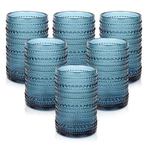 ZMOWIPDL Vintage Glassware Drinking Glasses Set of 6,15 oz Hobnail Glass Cups,Embossed Blue Water Tumbler,for Beer,Cocktai...