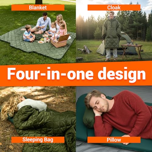 FUNANASUN Recycled Wearable Sleeping Bag, 4-in-1 Poncho Blanket Hoodie with 650FP Insulation, Ultralight Packable for Adul...