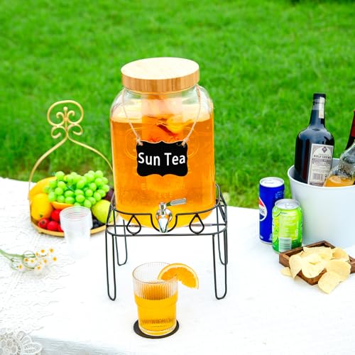 2 Gallon Glass Drink Dispenser with Stand and Bamboo Lid, Lemonade Dispenser with Stainless Steel Spigot, Glass Beverage D...