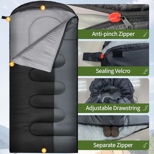 WKFAMOUT XL 10 Degree Sleeping Bags Waterproof for Adults 350GSM Machine Washable with Compression Sack for 3-4 Season Cam...