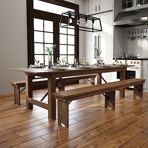 Flash Furniture Hercules Series 9' x 40" Rustic Solid Pine Folding Dining Table, Rectangular Antique Farmhouse Dining and ...